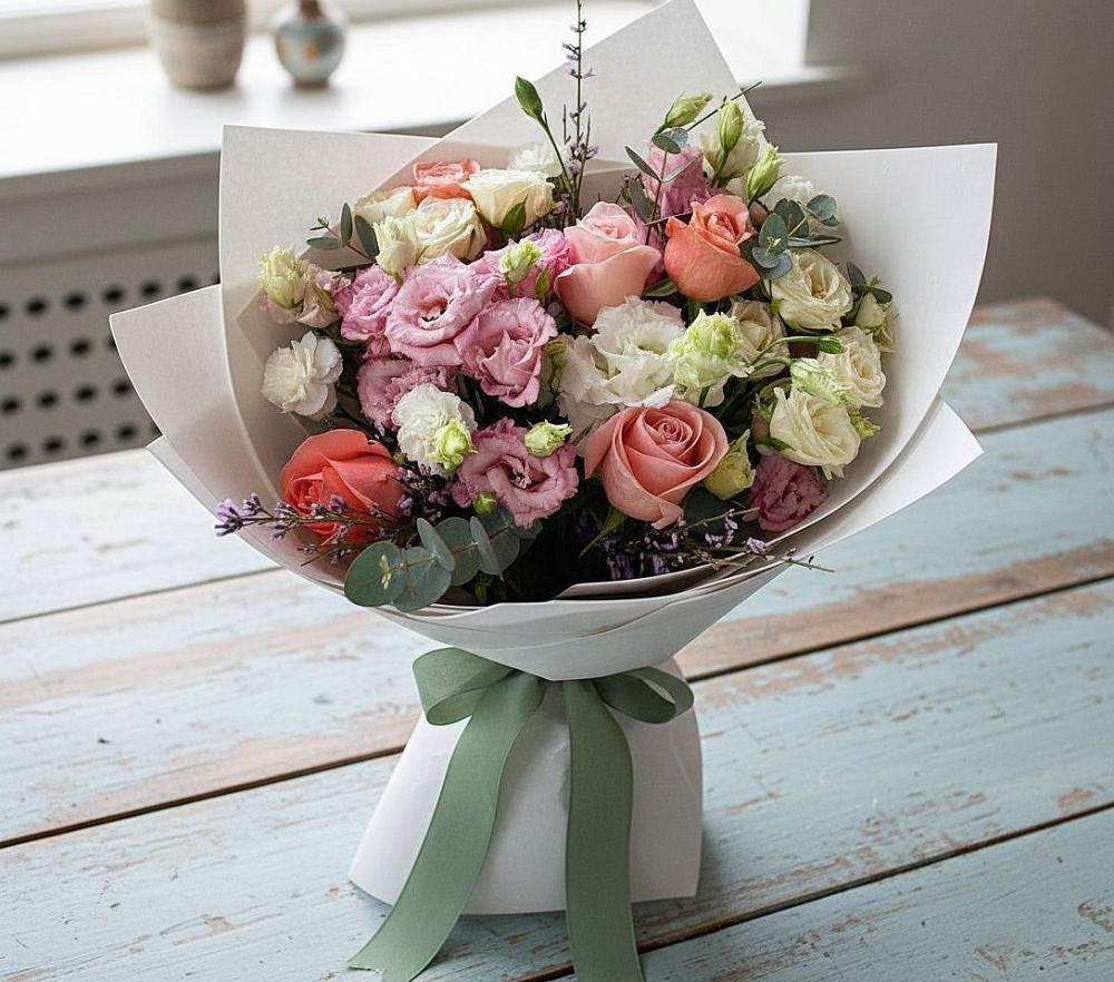 Букет цветов из: Розы, Лизиантусы и Гвоздики в Ханской