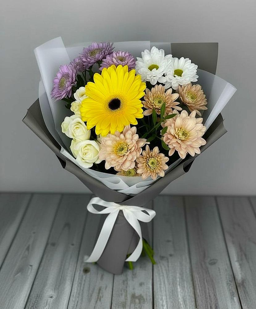 Букет цветов из: Розы, Герберы и Хризантемы в Ханской