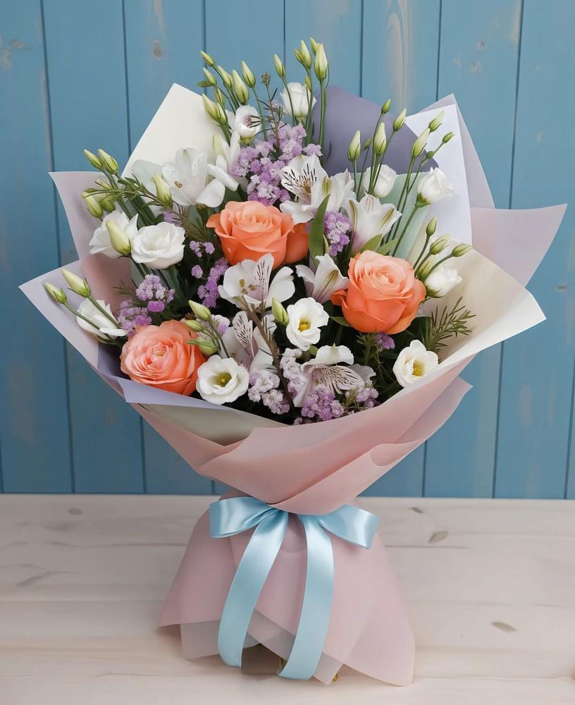 Букет цветов из: Лизиантусы, Розы, Альстромерии и Гипсофила в Ханской
