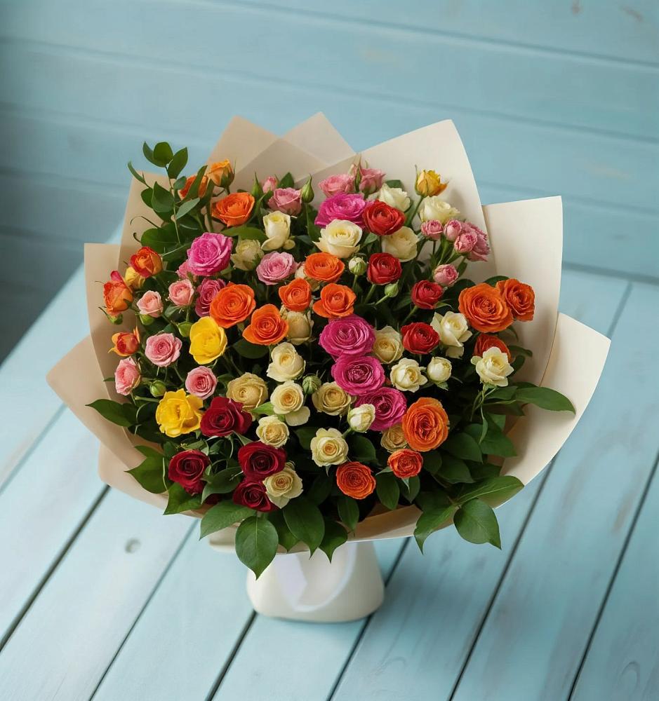 Букет Микс из разноцветных кустовых роз в Ханской