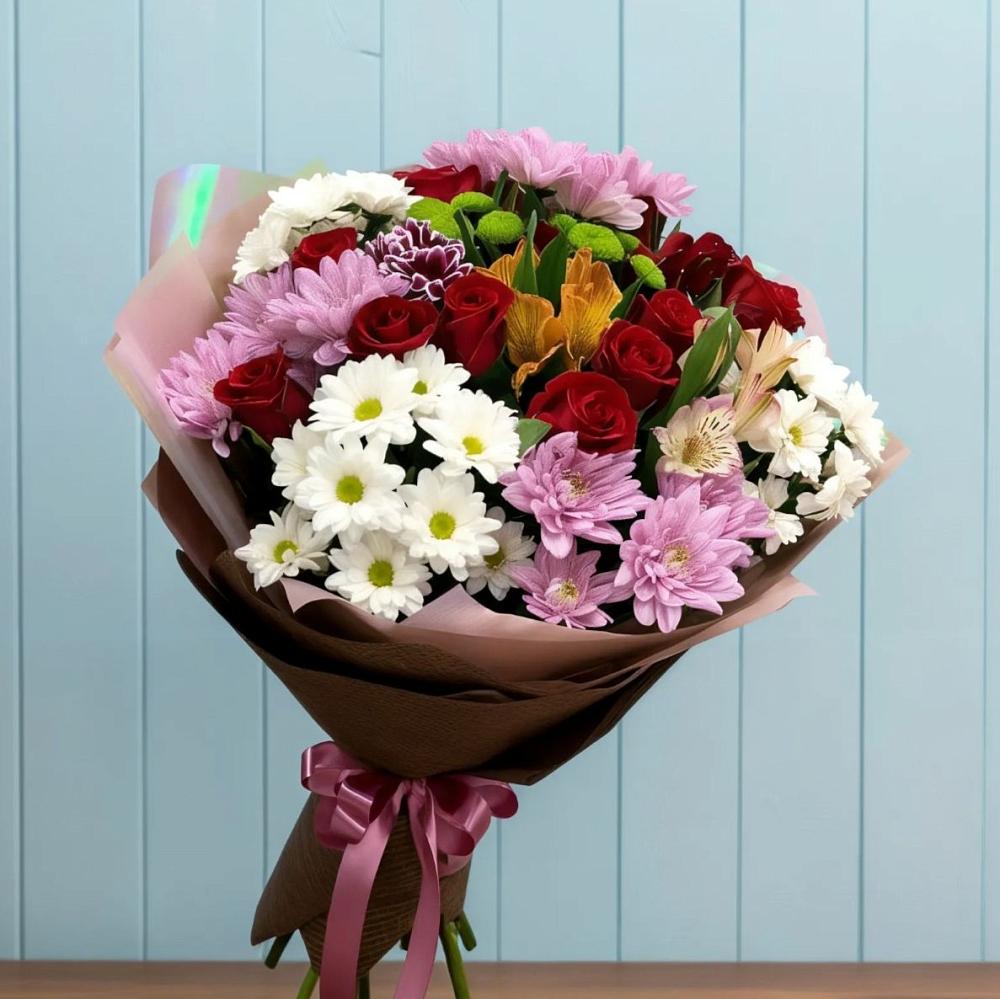 Букет цветов из: Розы, Хризантемы и Альстромерии в Ханской