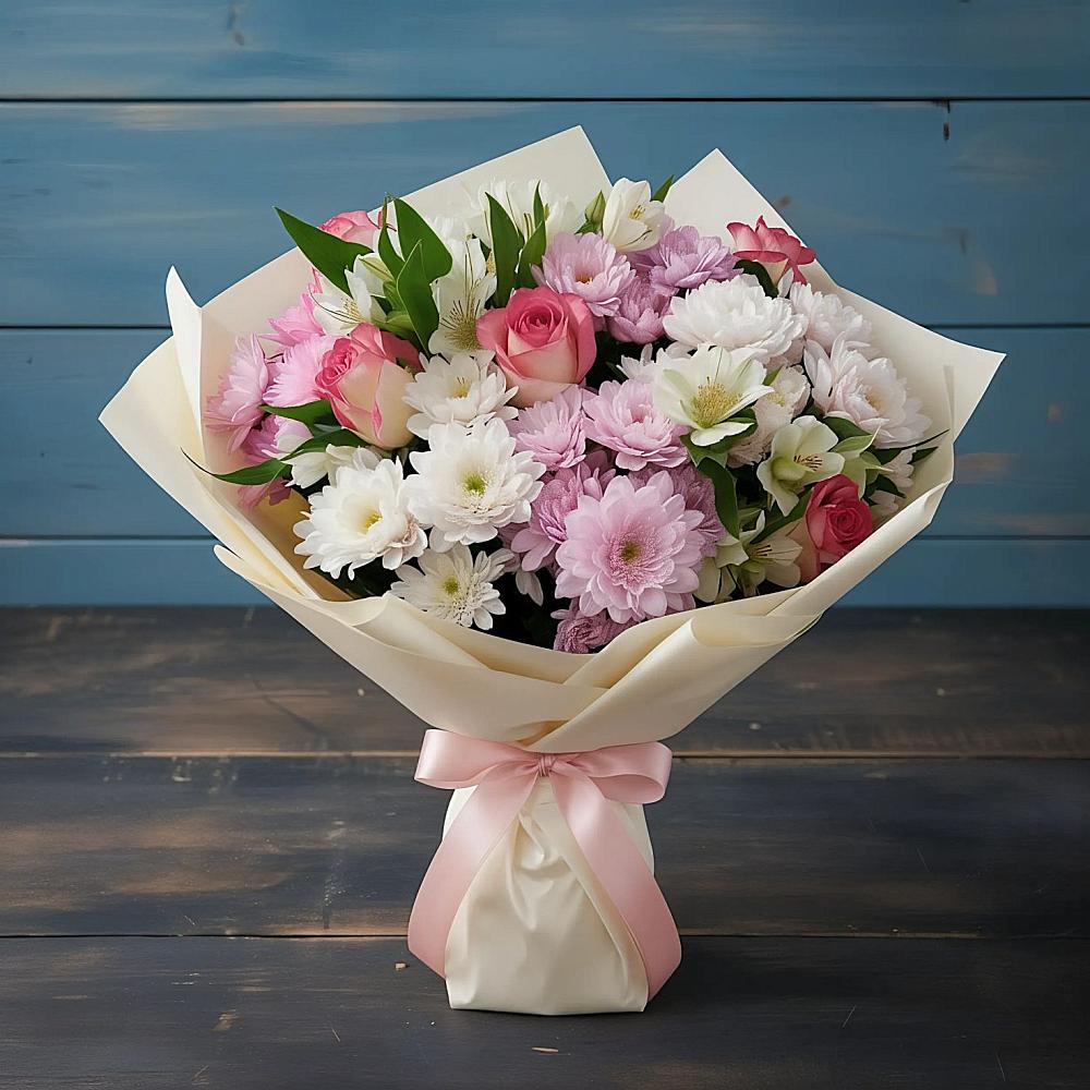 Букет цветов из: Хризантемы, Альстромерии и Розы в Ханской